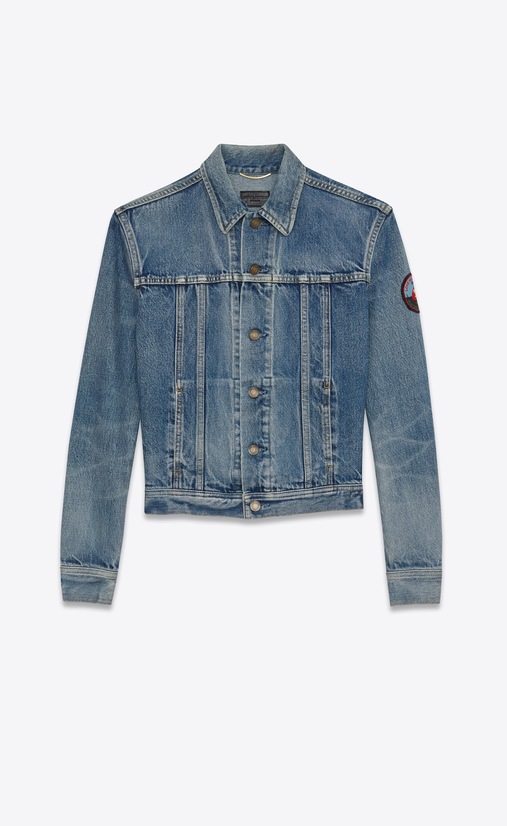 SAINT LAURENT Casual Jackets Woman Jeans jacket with badge in faded blue denim a_V4